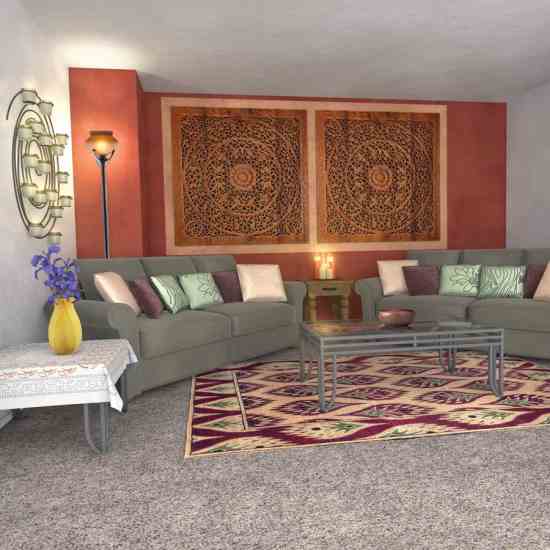 In Lin's proposed solution, a colorful rug acts as a decorative connector for a bold wall color, a dominating piece of wall art, bright accessories and interesting thrift-store furniture.